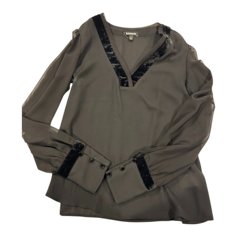 EXPRESS Long Sleeve V Neck Sheer Black Blouse XS Petites